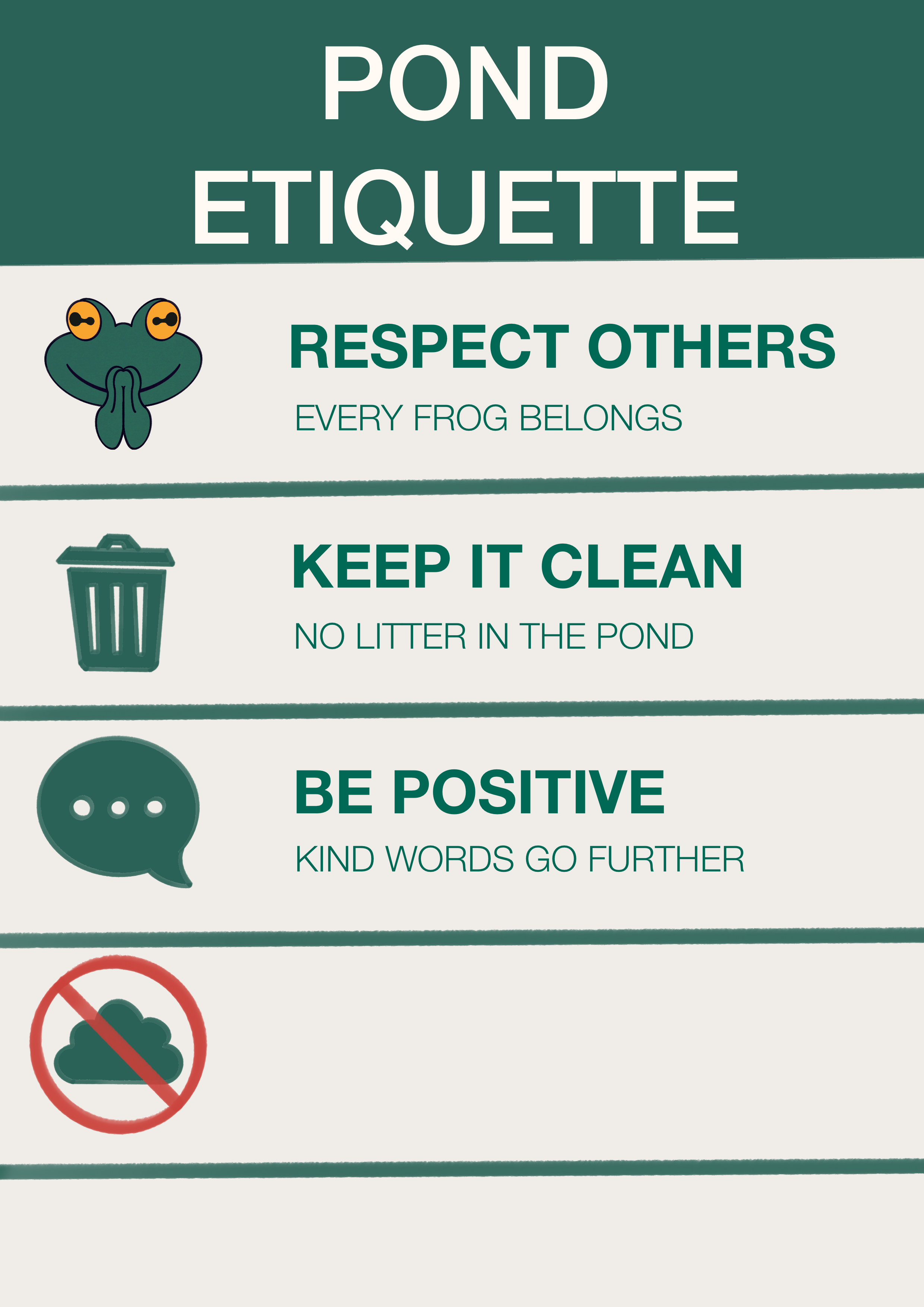 Pond etiquette: respect others, every frog belongs; keep it clean, no litter in the pond; be positive, kind words go further.