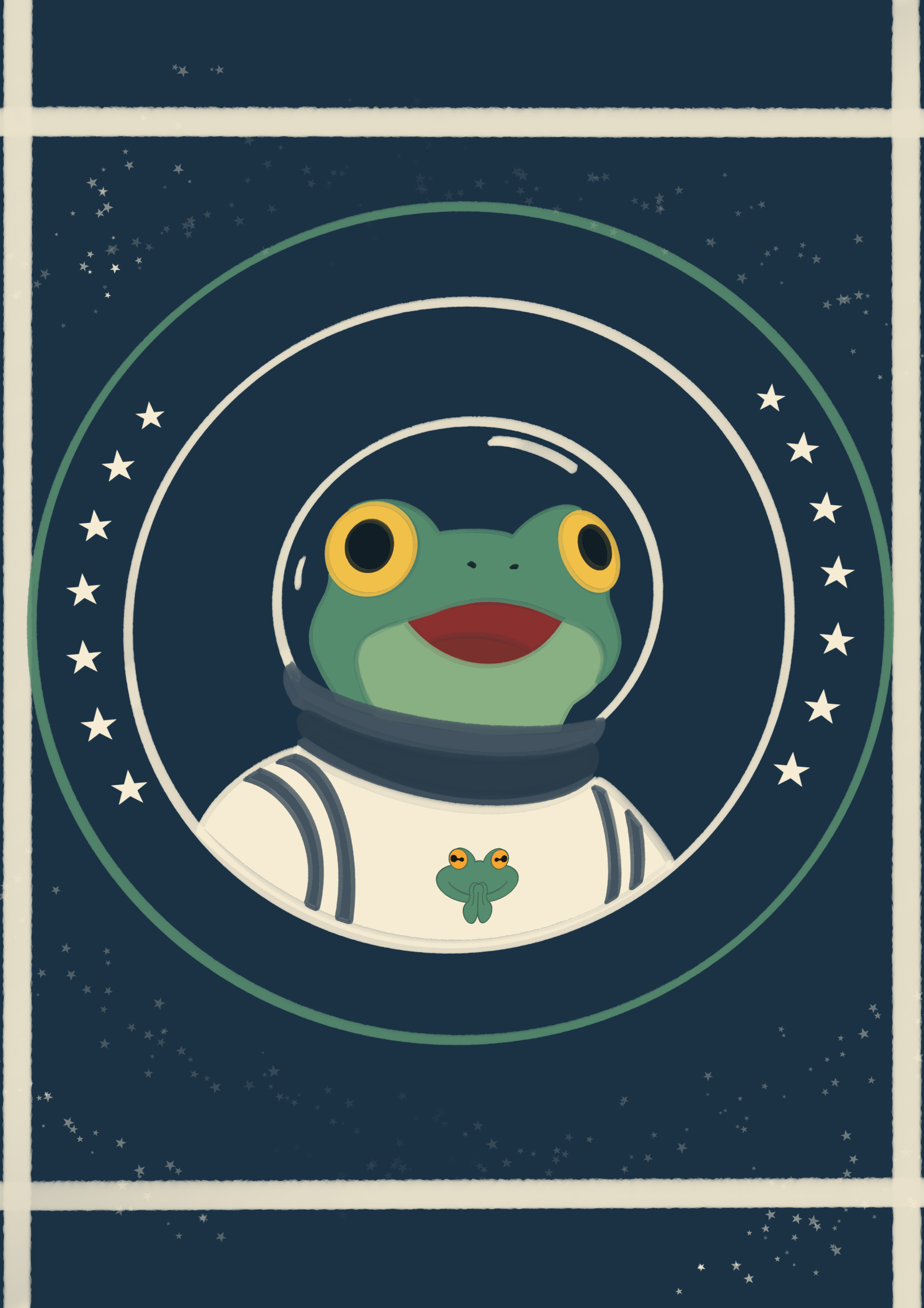 An optimistic frog astronaut surrounded by stars, wearing the church emblem on its spacesuit.